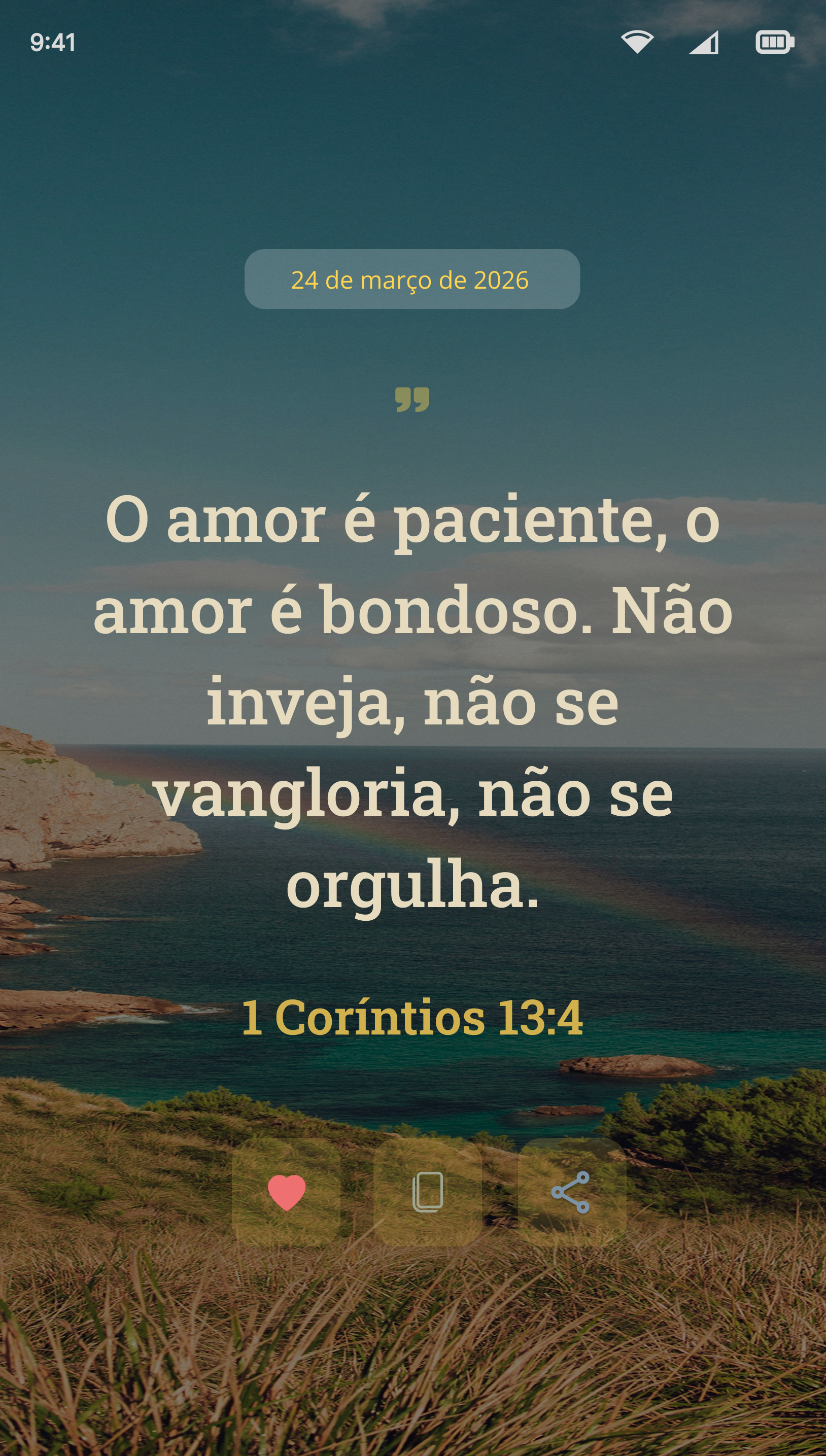 Tela do aplicativo Versículos Diários mostrando o versículo O amor é paciente, o amor é bondoso, de 1 Coríntios 13:4